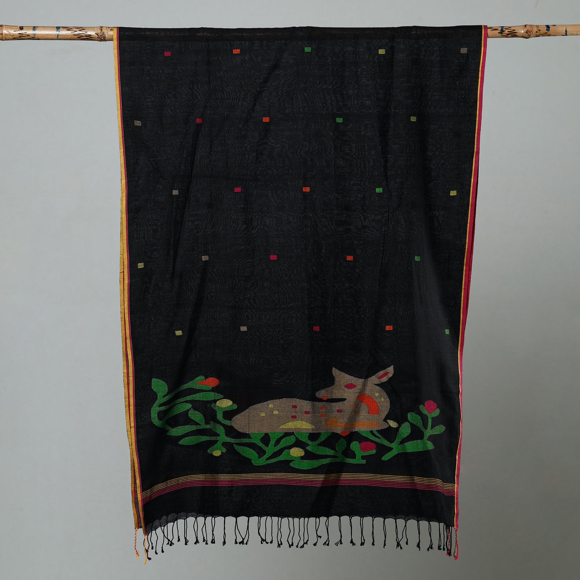 Black - Jamdani Handloom Cotton Stole with Tassels