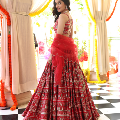 Red Hibiscus Haven Printed Satin Lehenga Set