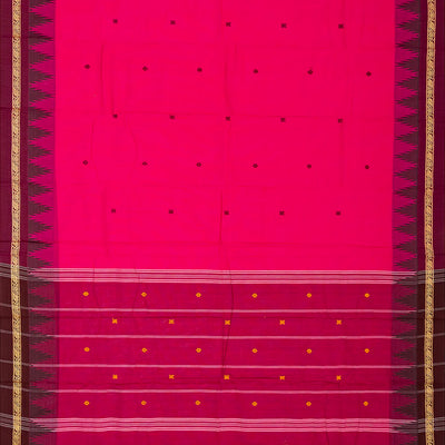 Hot Pink Chettinad Cotton Saree With Kamalam Buttas & Temple Border
