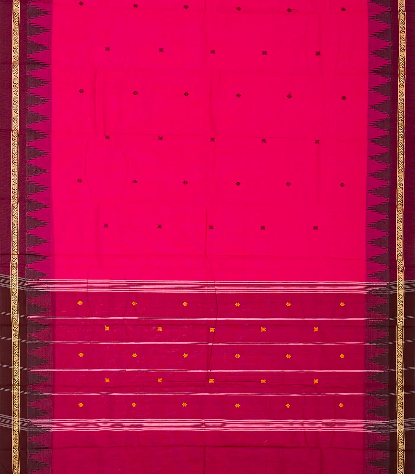 Hot Pink Chettinad Cotton Saree With Kamalam Buttas & Temple Border