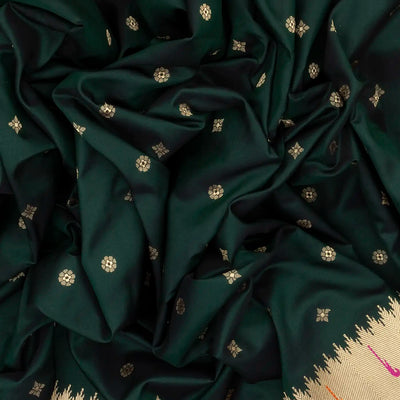 Bottle Green Handwoven Banarasi Silk Saree With Floral Buttas
