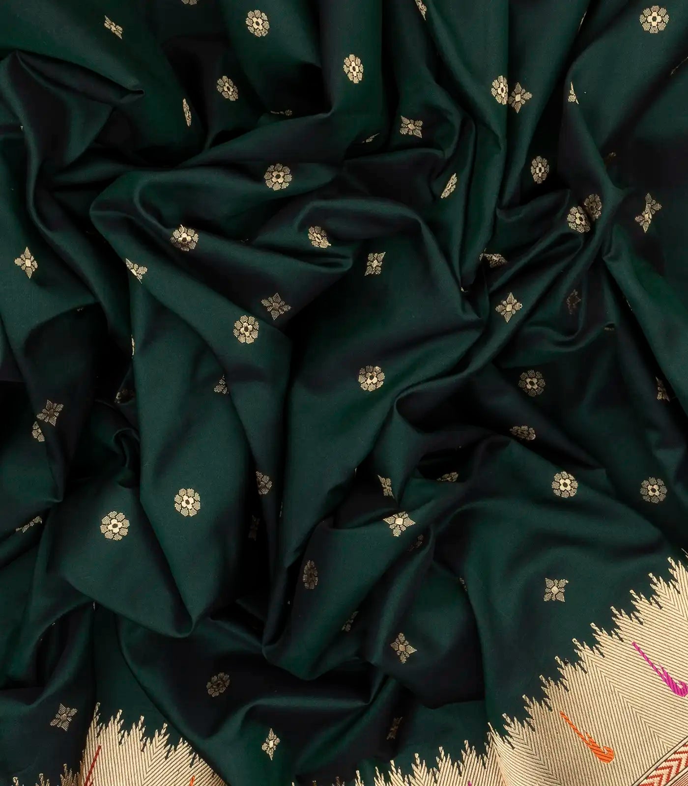 Bottle Green Handwoven Banarasi Silk Saree With Floral Buttas