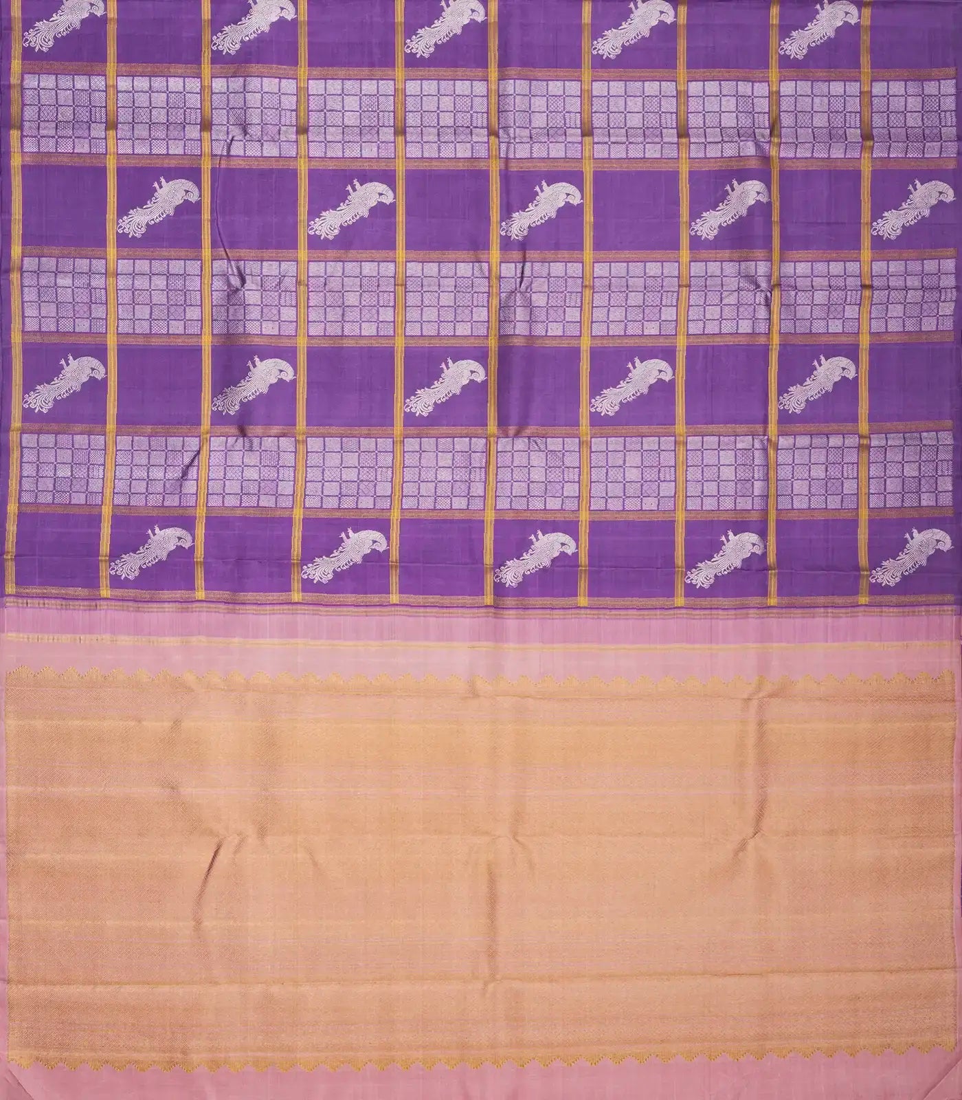 Lavender Handloom Kanchipuram Silk Saree With Checks
