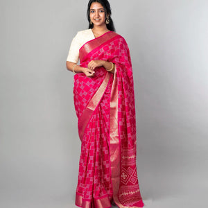 Pink Woven Dola Synthetic Saree With Printed Checks
