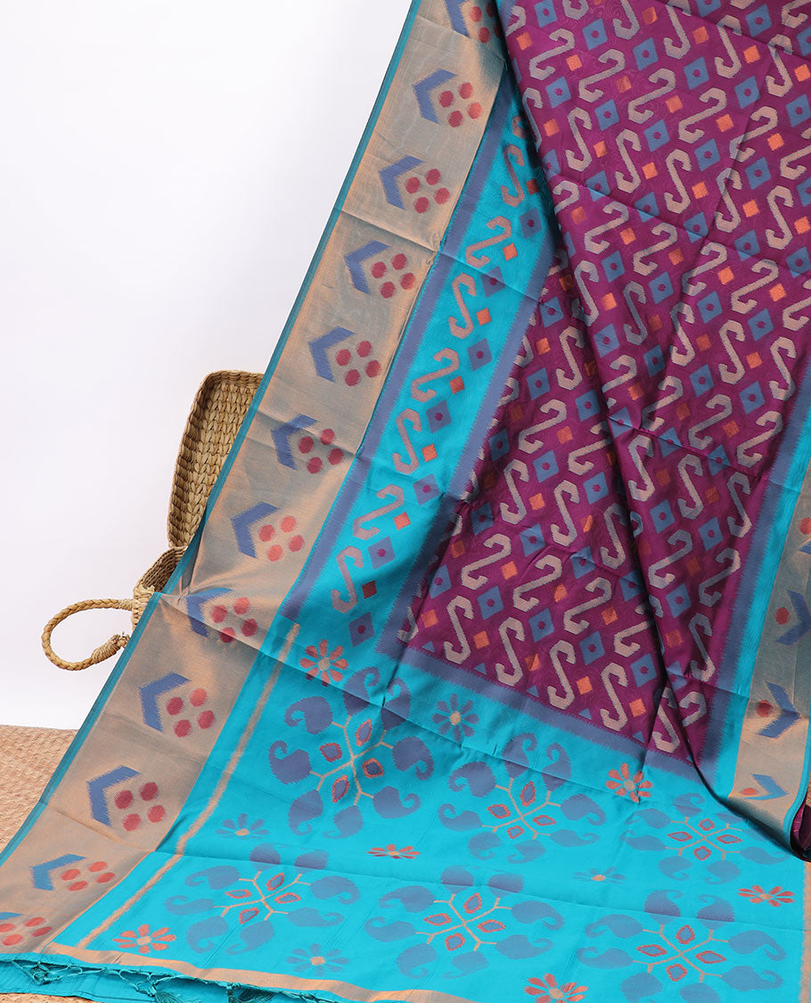 Purple floral design semi-pattola silk saree with contrast floral border &  floral, paisley design pallu
