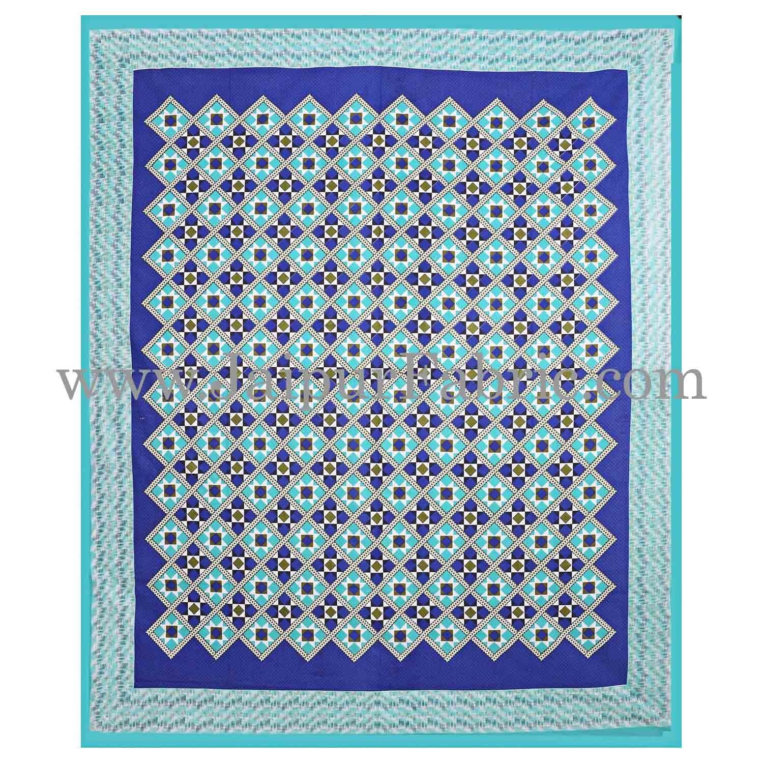 Sea Green Border Blue  Base Designer Check Pattern Cotton Double Bed Sheet