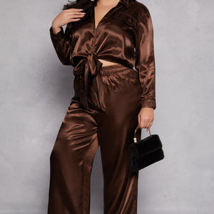 Plus Size Satin Crop Top and Pants Set