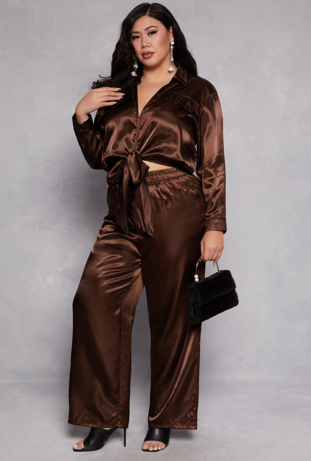 Plus Size Satin Crop Top and Pants Set