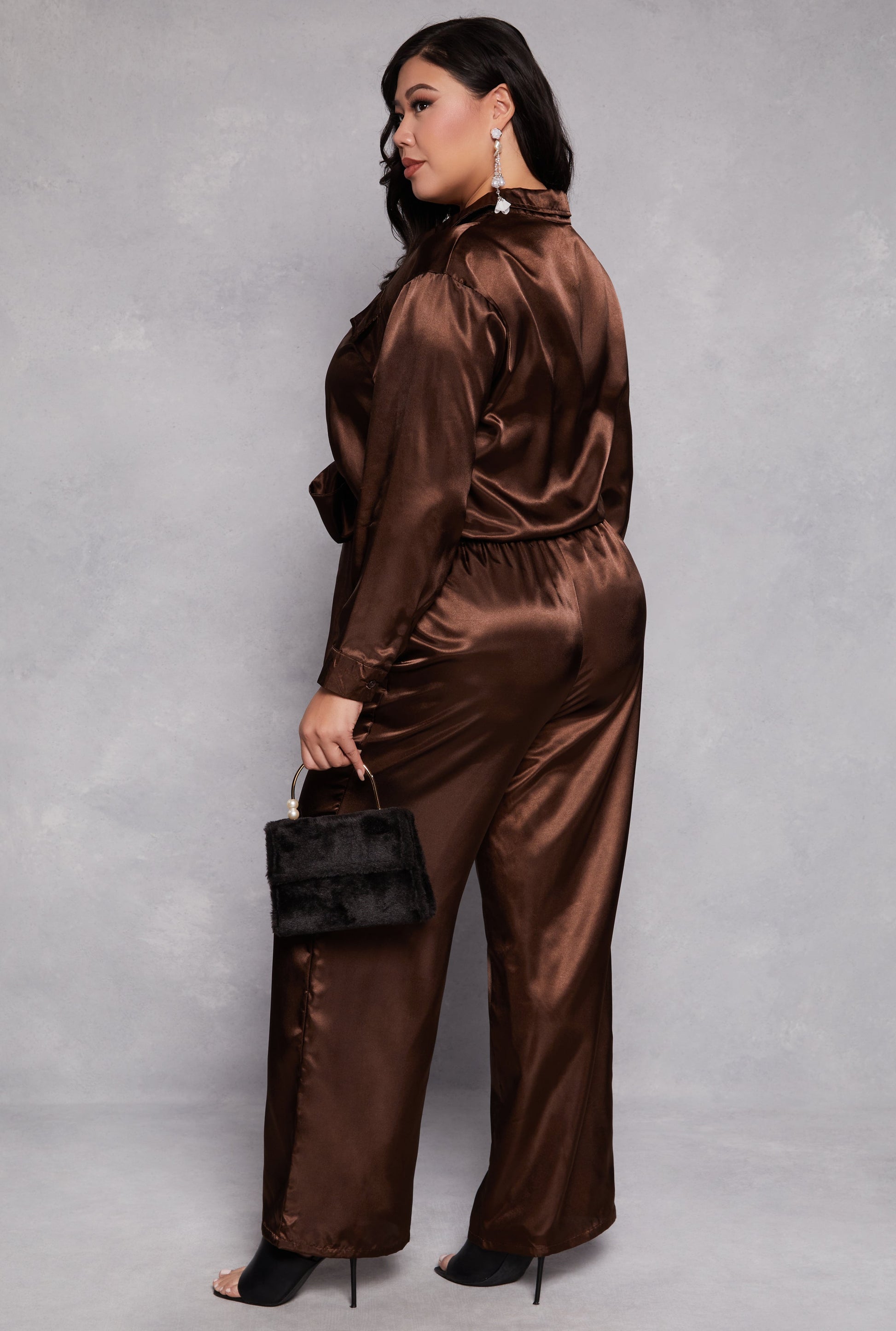 Plus Size Satin Crop Top and Pants Set