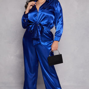 Plus Size Satin Crop Top and Pants Set