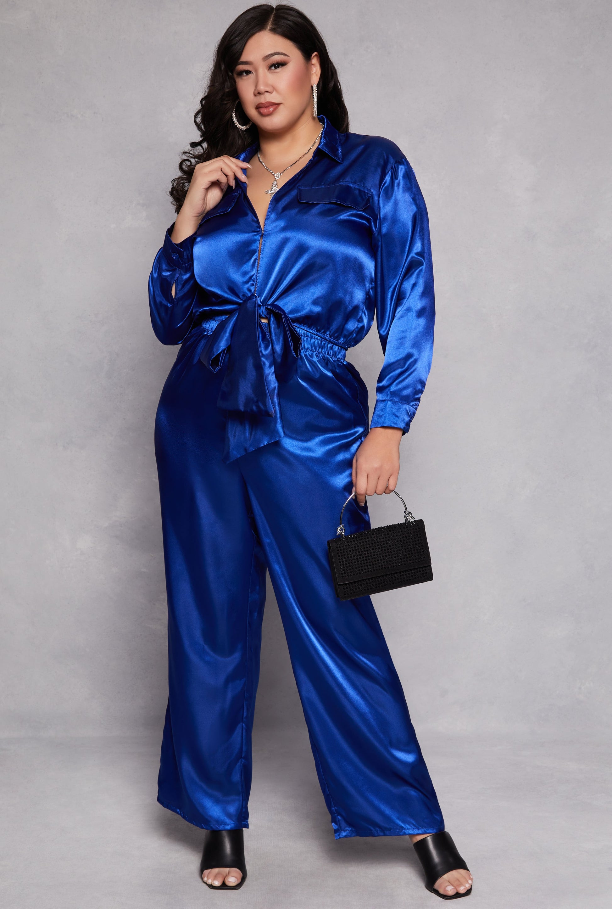 Plus Size Satin Crop Top and Pants Set