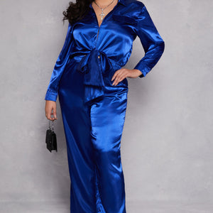 Plus Size Satin Crop Top and Pants Set