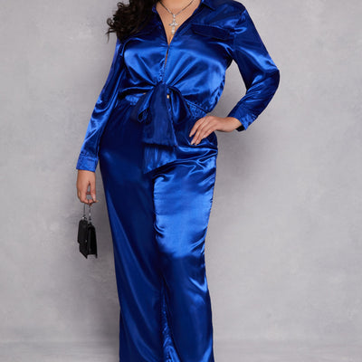 Plus Size Satin Crop Top and Pants Set