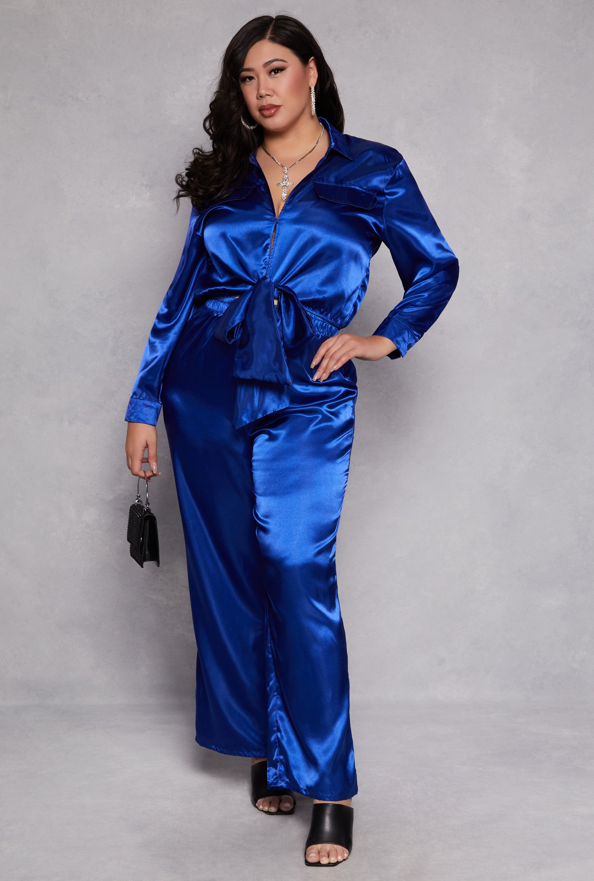 Plus Size Satin Crop Top and Pants Set