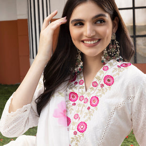 Floral Threadwork Embellished Cotton Kurta with Pants and Dupatta