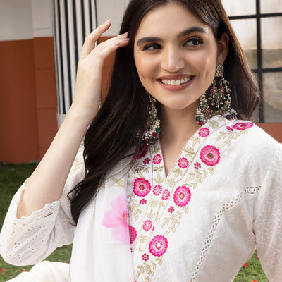 Floral Threadwork Embellished Cotton Kurta with Pants and Dupatta