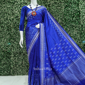 Royal Blue Silver Rose Theme Sambalpuri Silk Saree