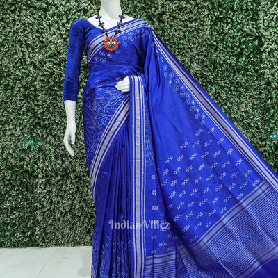 Royal Blue Silver Rose Theme Sambalpuri Silk Saree