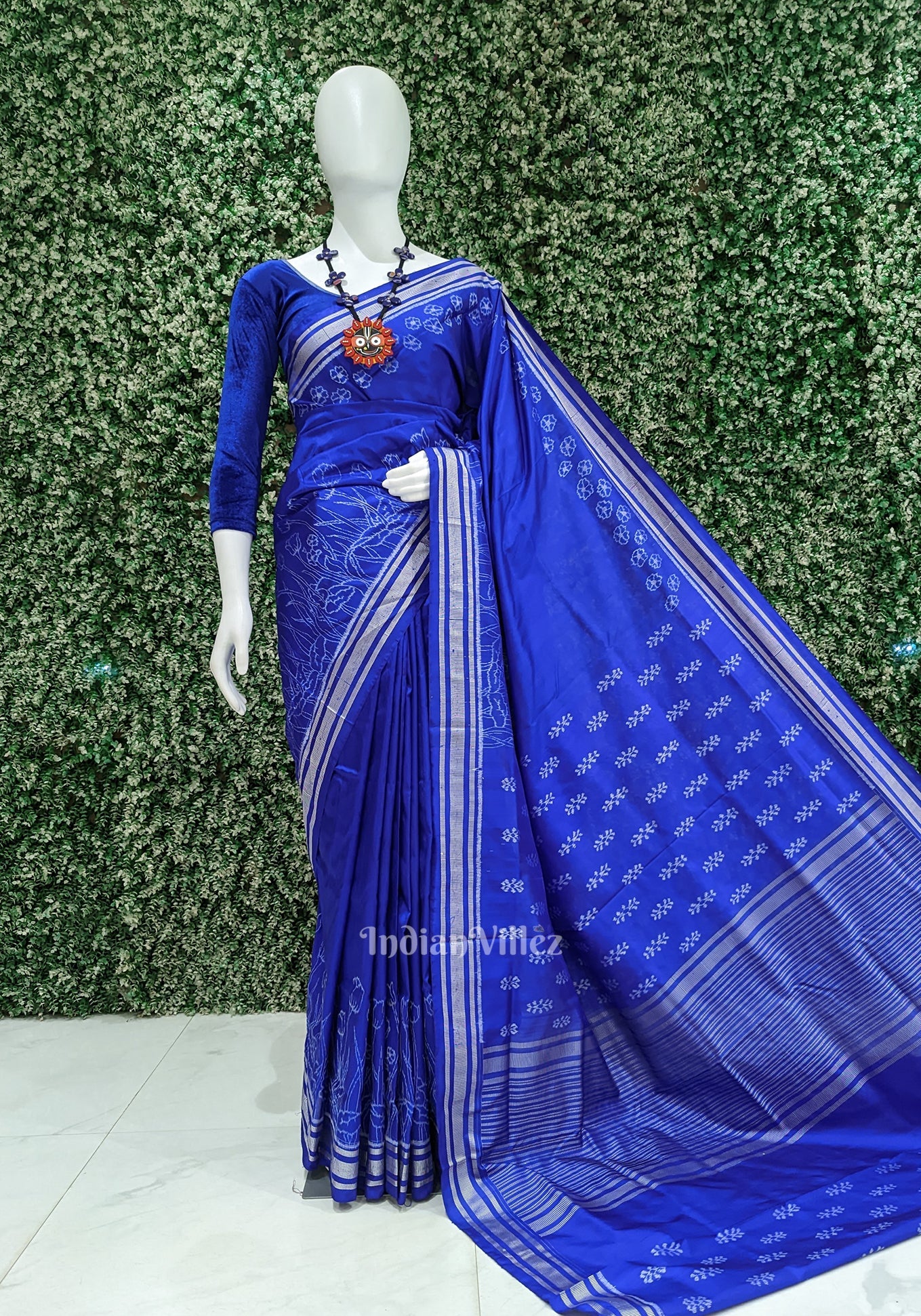 Royal Blue Silver Rose Theme Sambalpuri Silk Saree