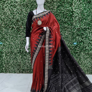 Marron Black Tortoise Motif Odisha Ikat Dongria Silk Saree