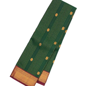 Dark Green Handloom Kanchipuram Silk Saree With Stripes & Buttas