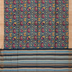 Dark Grey Handwoven Tussar Silk Saree With Ikat Printed Motifs