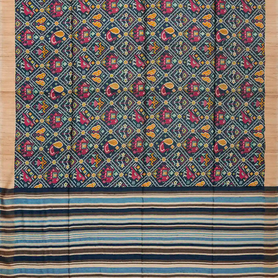 Dark Grey Handwoven Tussar Silk Saree With Ikat Printed Motifs