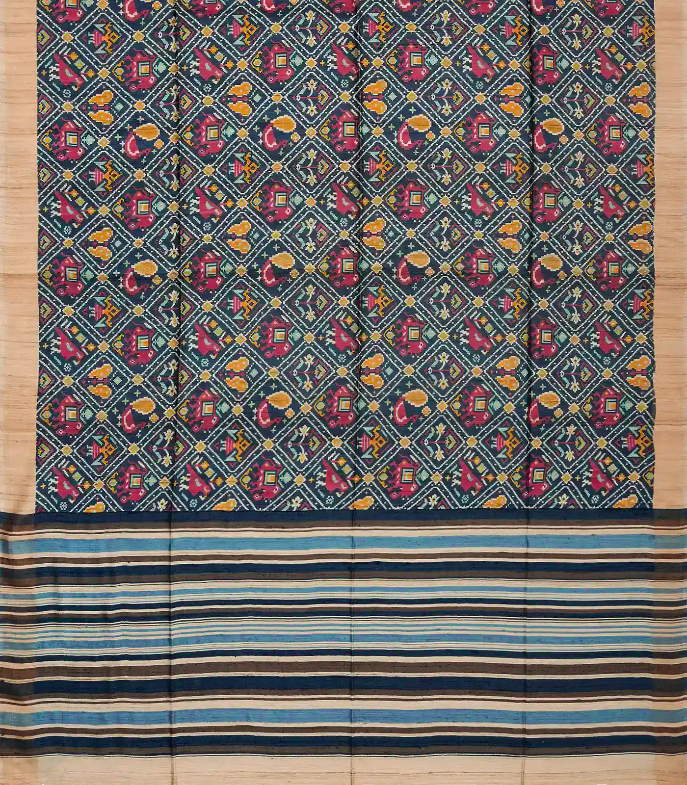 Dark Grey Handwoven Tussar Silk Saree With Ikat Printed Motifs