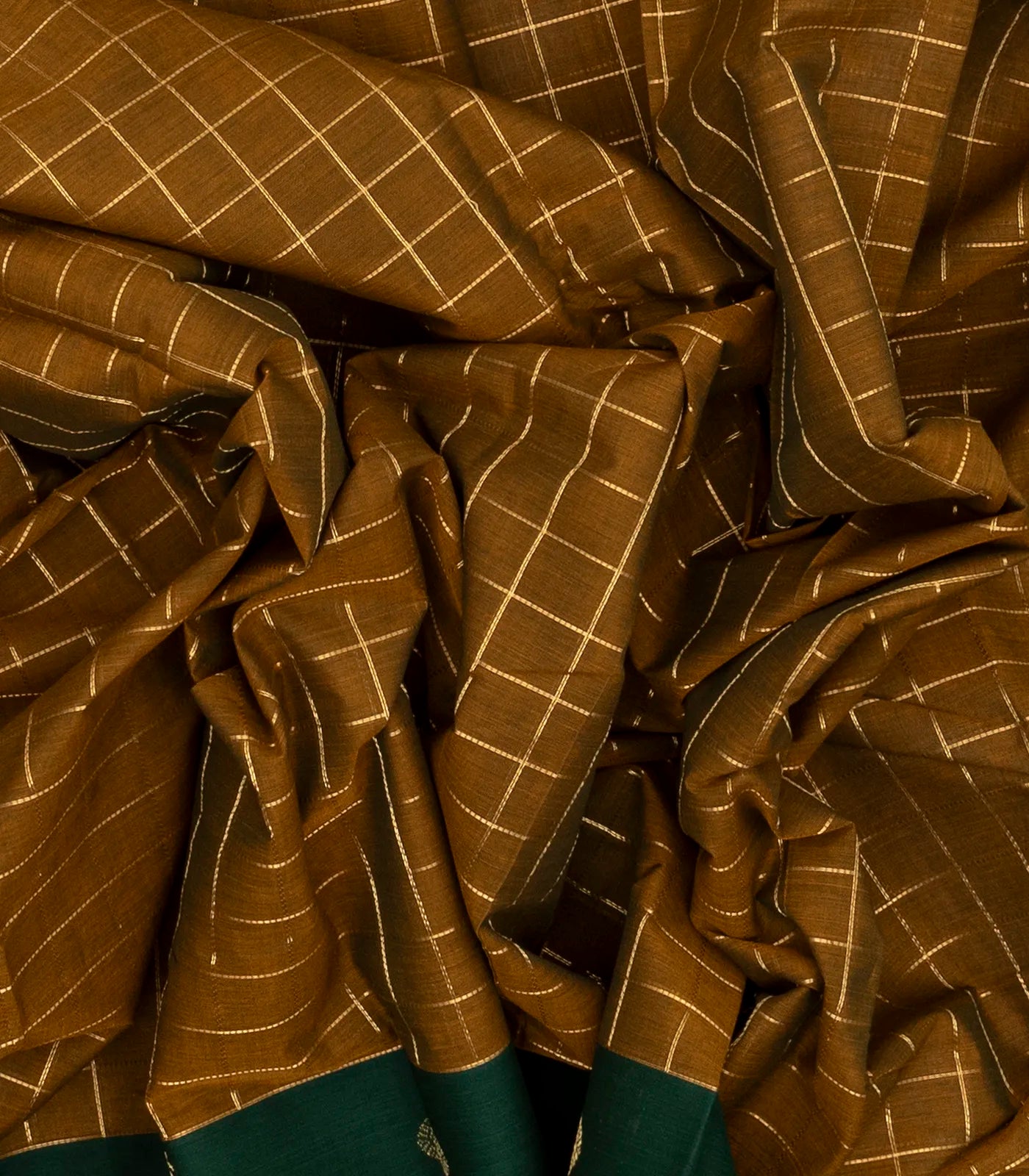 Dark Olive Handloom Kanchi Cotton Saree With Checks