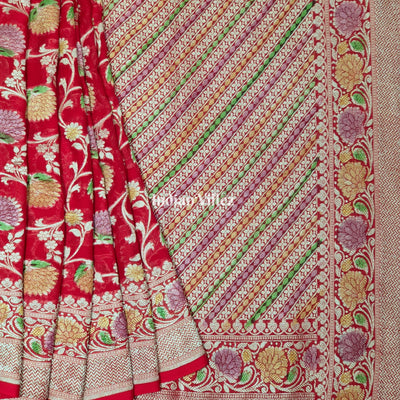 Red Flower Design Banarasi Khaddi Georgette Saree