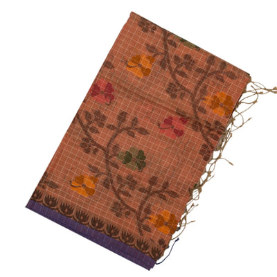 Peach Bengal Cotton Saree With Checks & Floral Motifs
