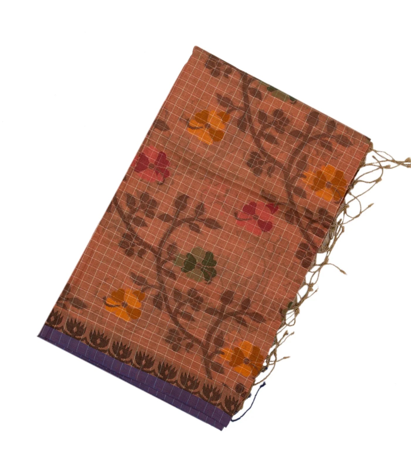 Peach Bengal Cotton Saree With Checks & Floral Motifs