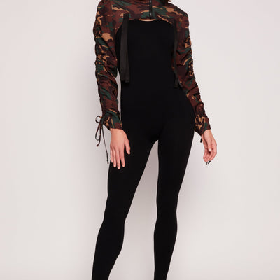 Camo Drawstring Sleeve Bolero Top