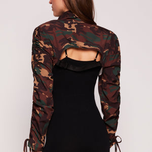 Camo Drawstring Sleeve Bolero Top