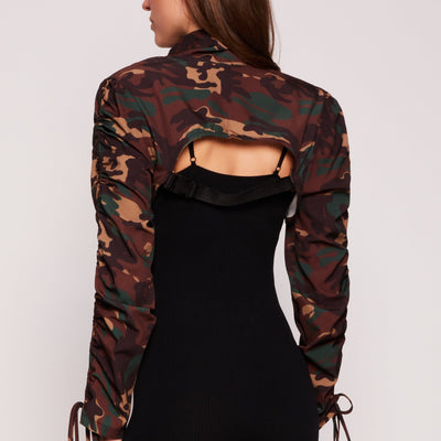 Camo Drawstring Sleeve Bolero Top
