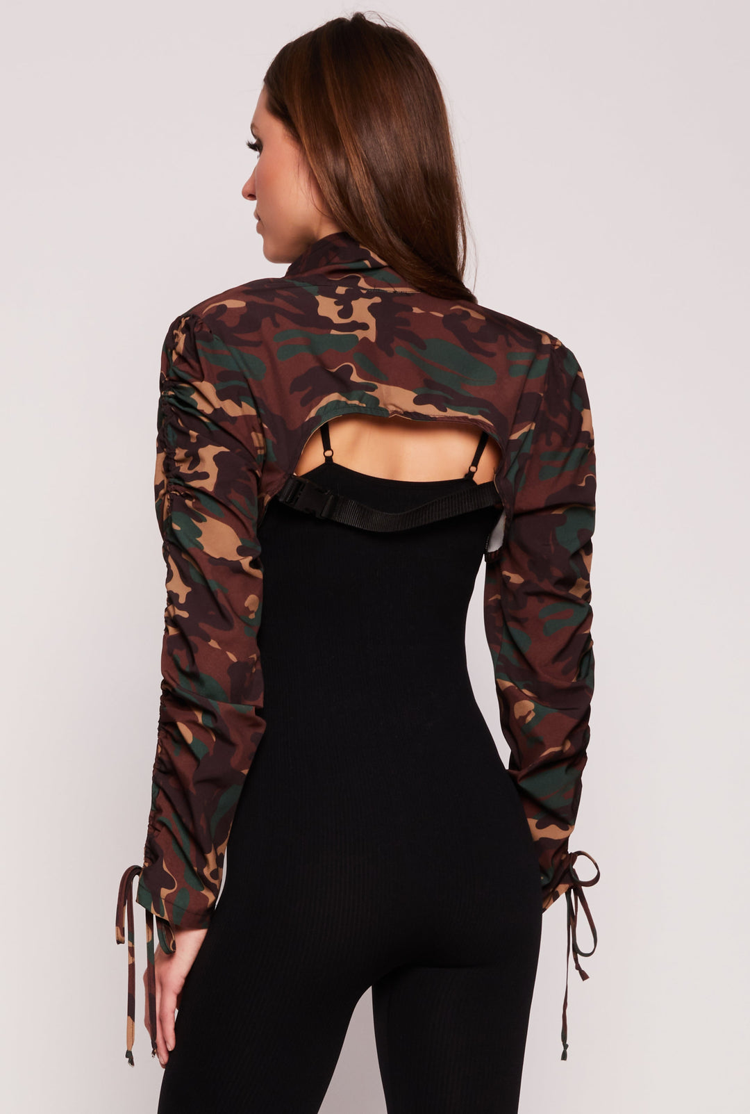 Camo Drawstring Sleeve Bolero Top