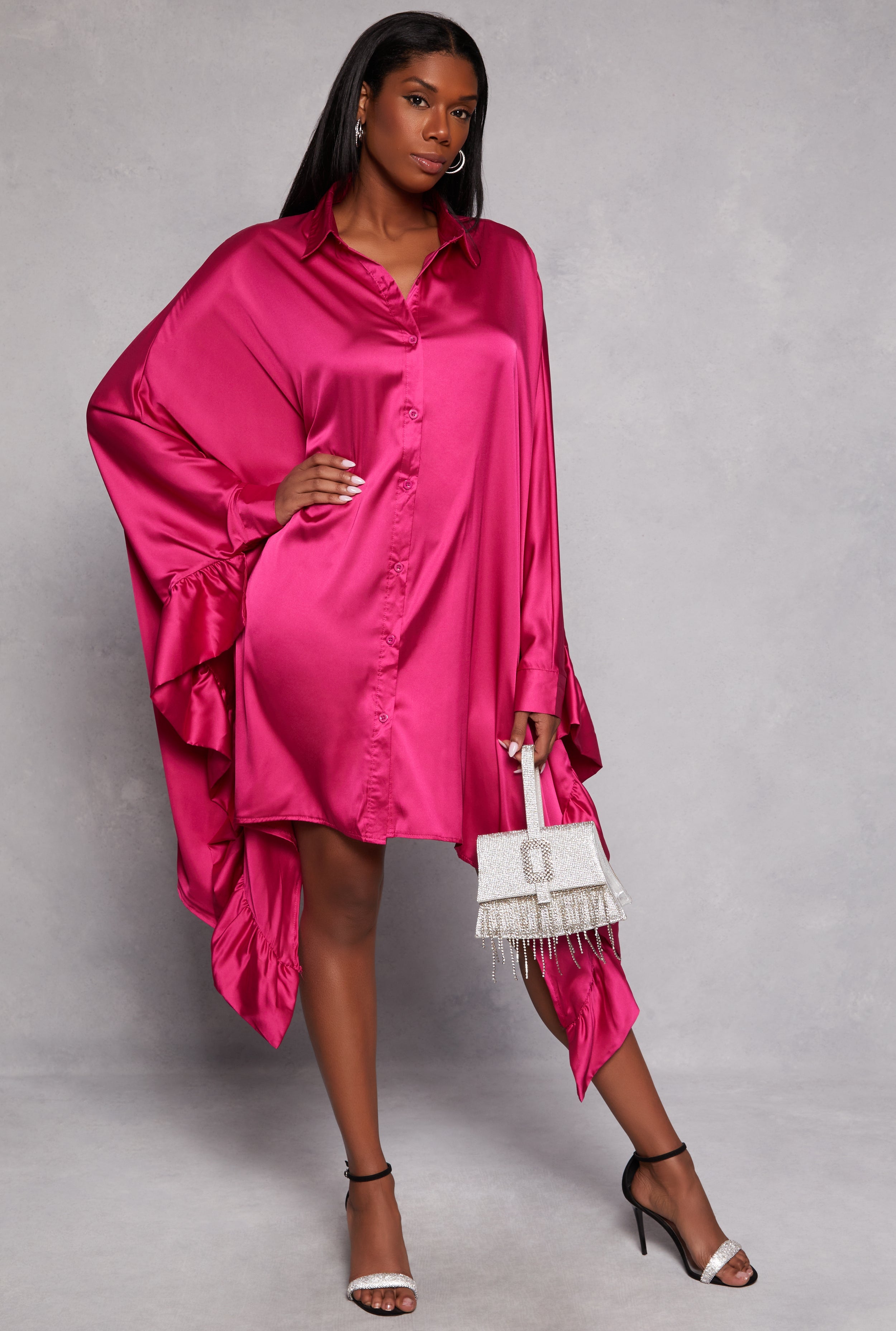 Satin Oversized Ruffled Batwing Shirt Dress