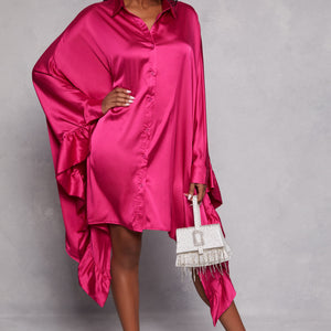 Satin Oversized Ruffled Batwing Shirt Dress