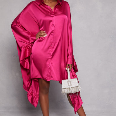 Satin Oversized Ruffled Batwing Shirt Dress