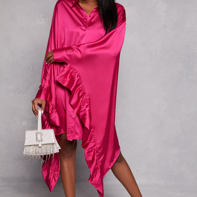 Satin Oversized Ruffled Batwing Shirt Dress
