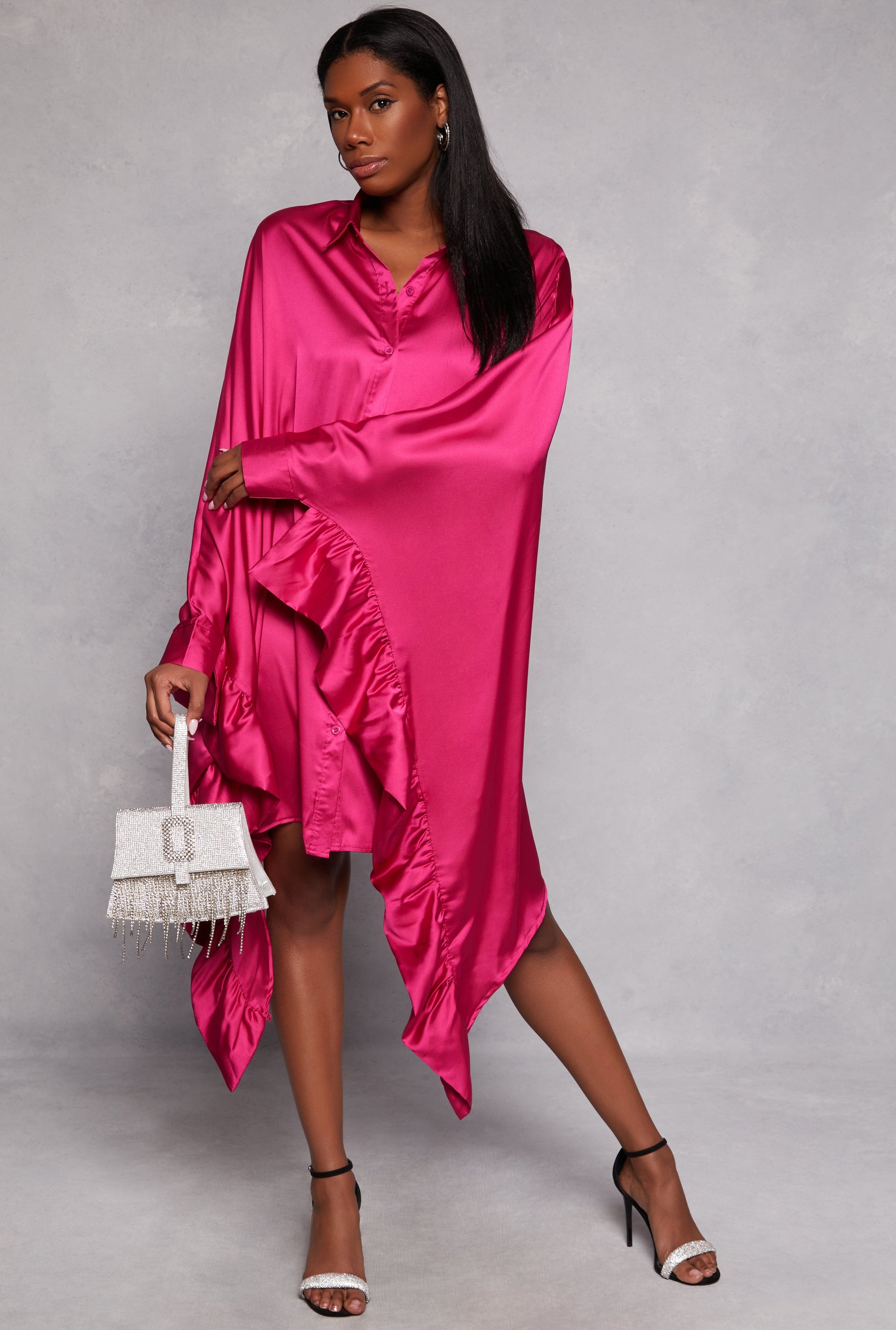 Satin Oversized Ruffled Batwing Shirt Dress