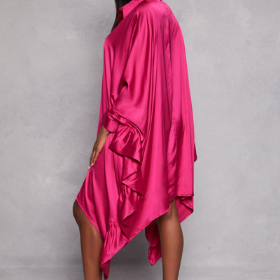Satin Oversized Ruffled Batwing Shirt Dress
