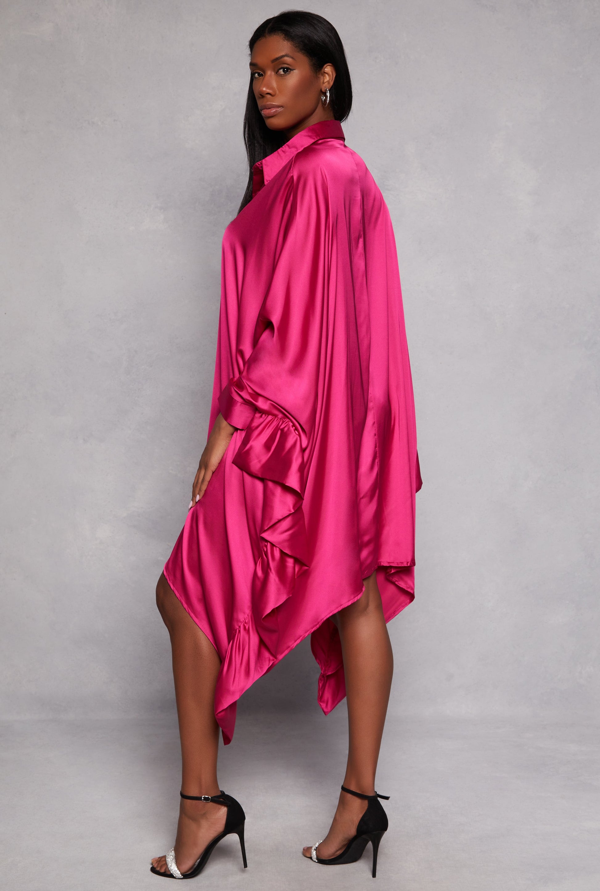 Satin Oversized Ruffled Batwing Shirt Dress