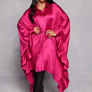 Satin Oversized Ruffled Batwing Shirt Dress