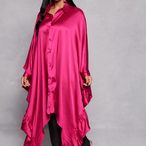Satin Oversized Ruffled Batwing Shirt Dress