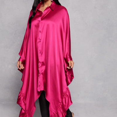 Satin Oversized Ruffled Batwing Shirt Dress