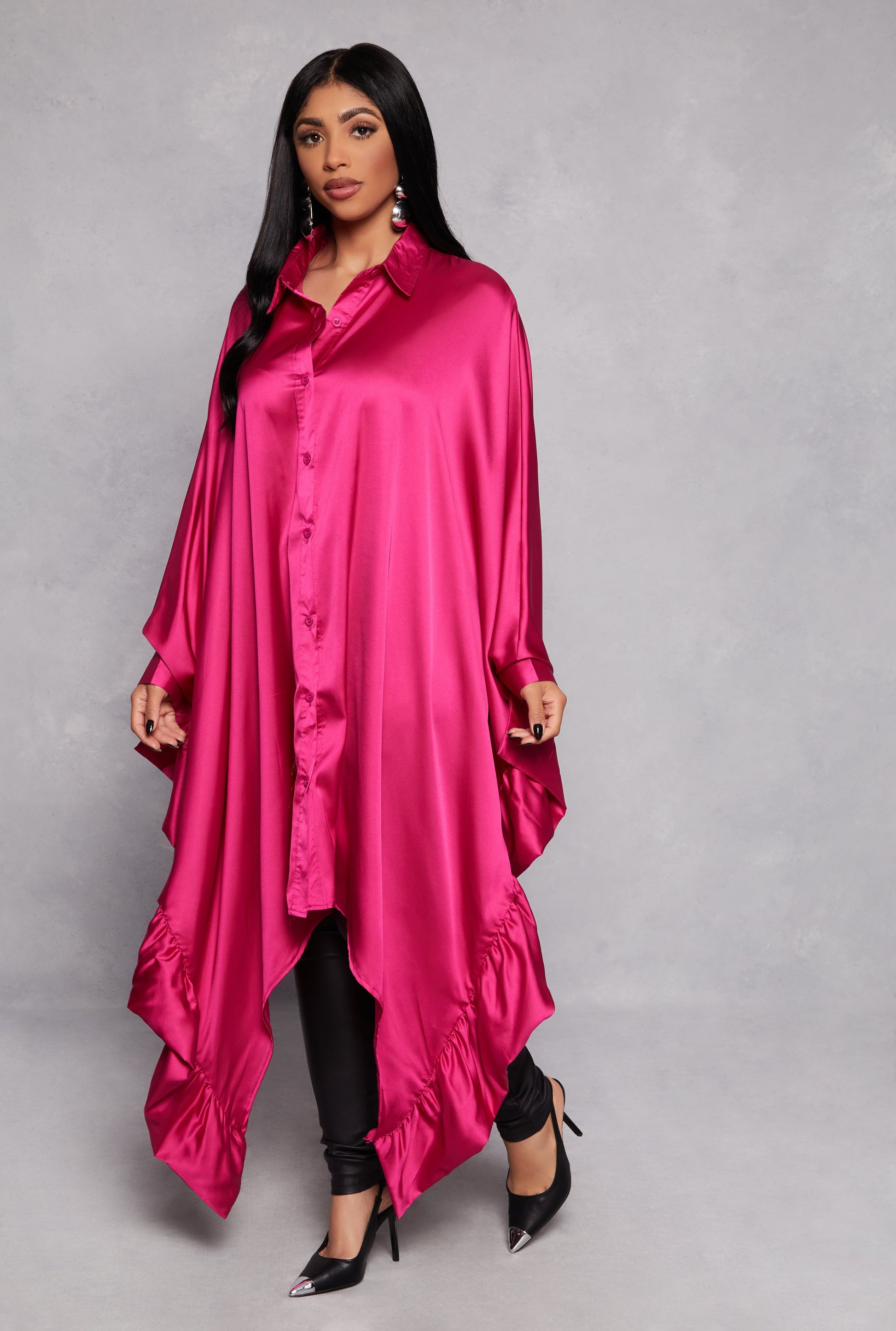 Satin Oversized Ruffled Batwing Shirt Dress