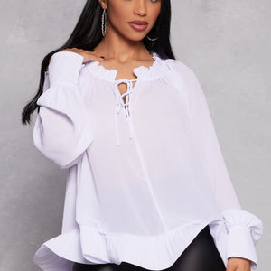 Chiffon Tie Keyhole Long Sleeve Blouse
