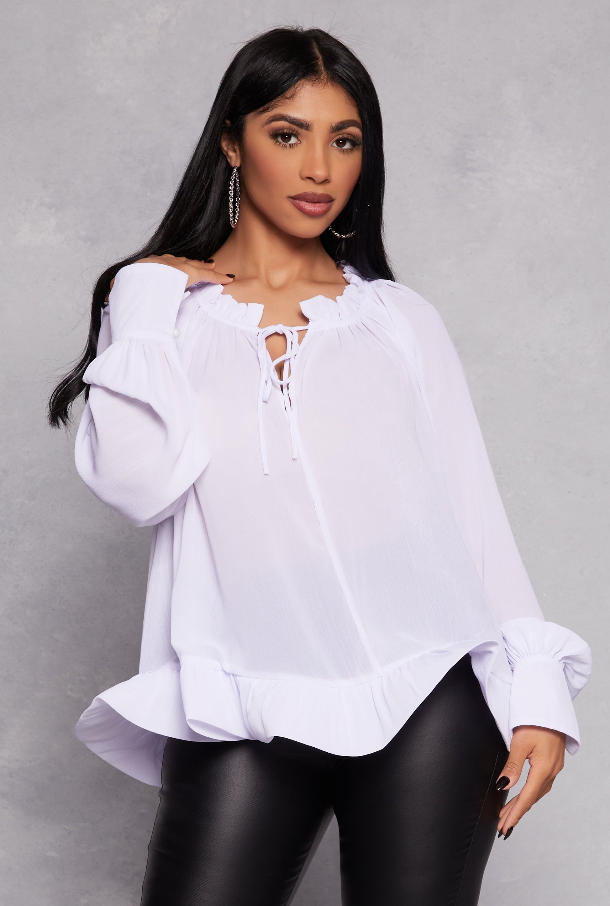 Chiffon Tie Keyhole Long Sleeve Blouse