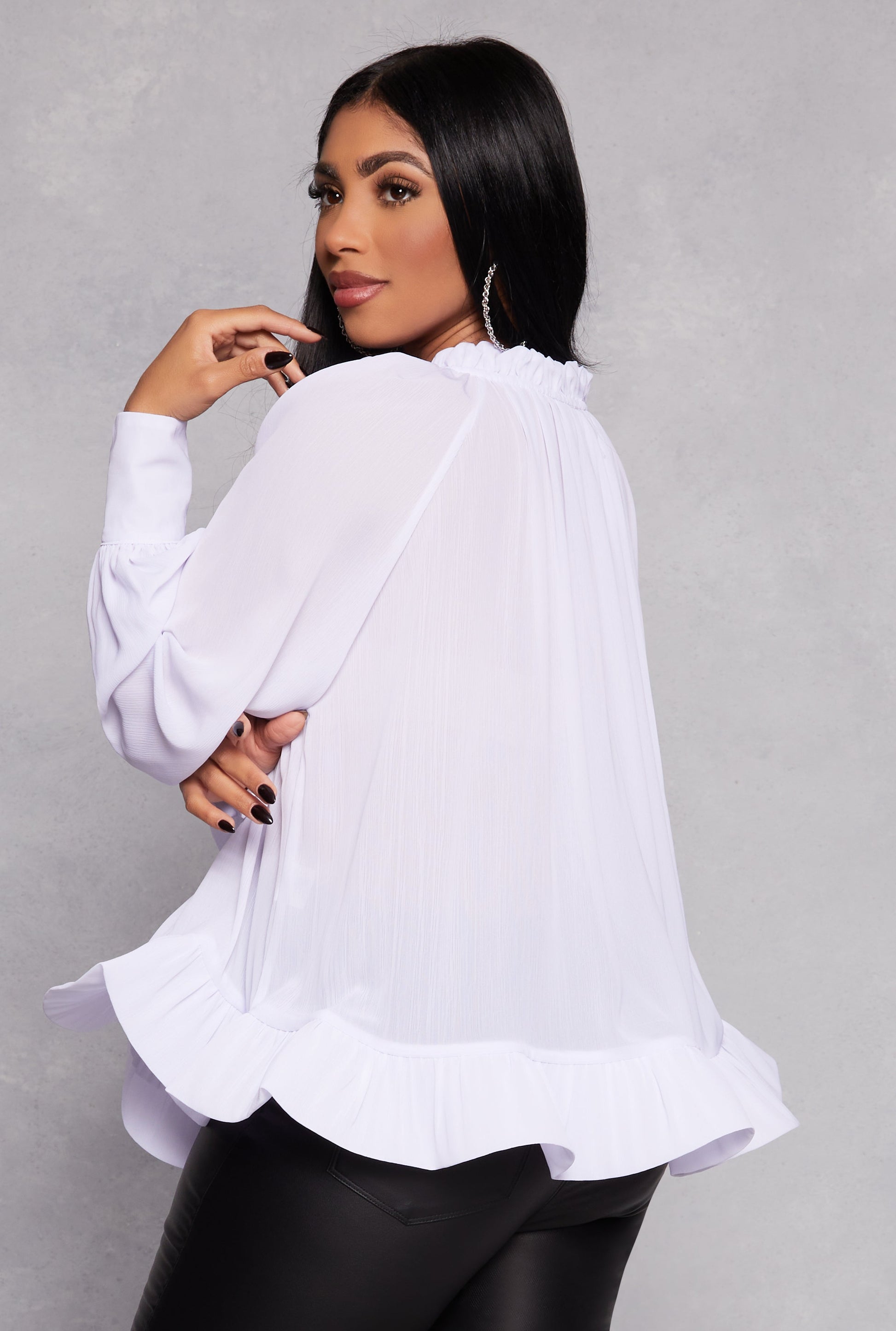 Chiffon Tie Keyhole Long Sleeve Blouse